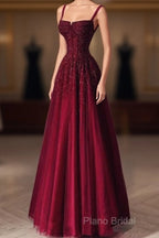 Burgundy Formal Prom Dresses A Line Straps Tulle Formal Dresses