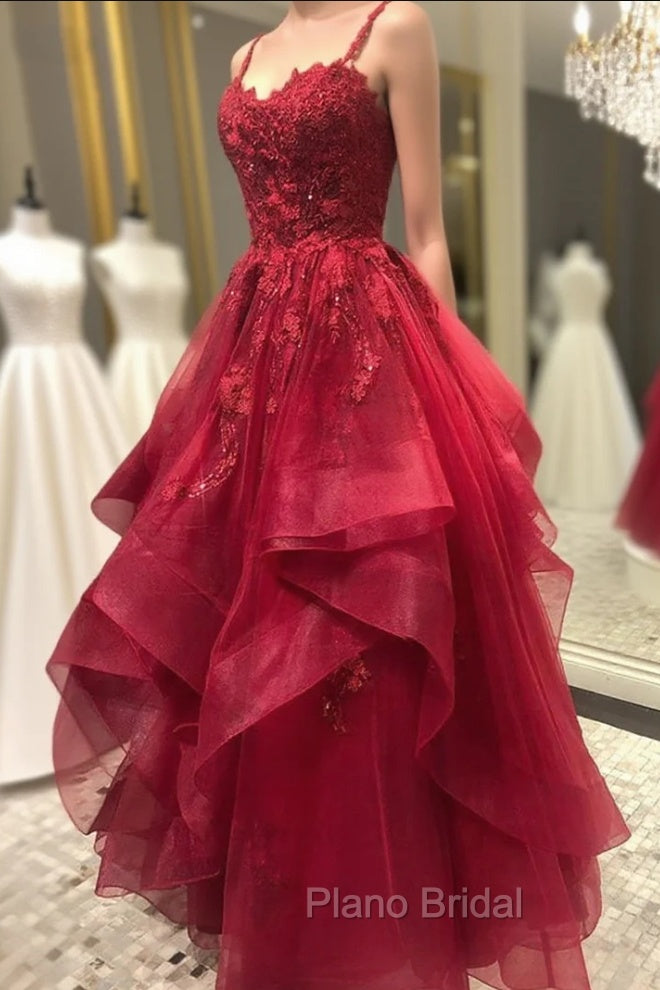 Burgundy Formal Prom Dresses, A-line V Neck Spaghetti Straps Long/Floor-Length Lace Formal Prom Dresses With Beading Main image