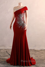 Burgundy Formal Prom Dresses Bodycon Velvet Long Formal Dresses with Embroidered Beadings