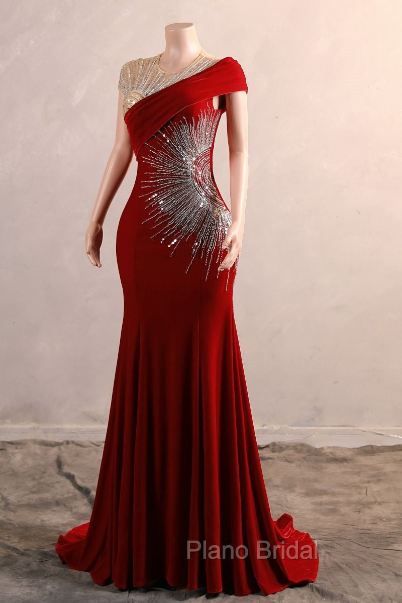 Burgundy Formal Prom Dresses Bodycon Velvet Long Formal Dresses with Embroidered Beadings