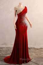 Burgundy Formal Prom Dresses Bodycon Velvet Long Formal Dresses with Embroidered Beadings