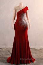 Burgundy Formal Prom Dresses Bodycon Velvet Long Formal Dresses with Embroidered Beadings