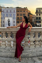 Burgundy Formal Prom Dresses Deep V Neck Formal Evening Dresses