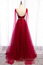 Burgundy Formal Prom Dresses, Spagetti-Strap Sleeveless Formal Prom Dresses Tulle Ruffles with Beadings