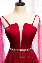 Burgundy Formal Prom Dresses, Spagetti-Strap Sleeveless Formal Prom Dresses Tulle Ruffles with Beadings