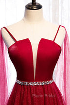 Burgundy Formal Prom Dresses, Spagetti-Strap Sleeveless Formal Prom Dresses Tulle Ruffles with Beadings