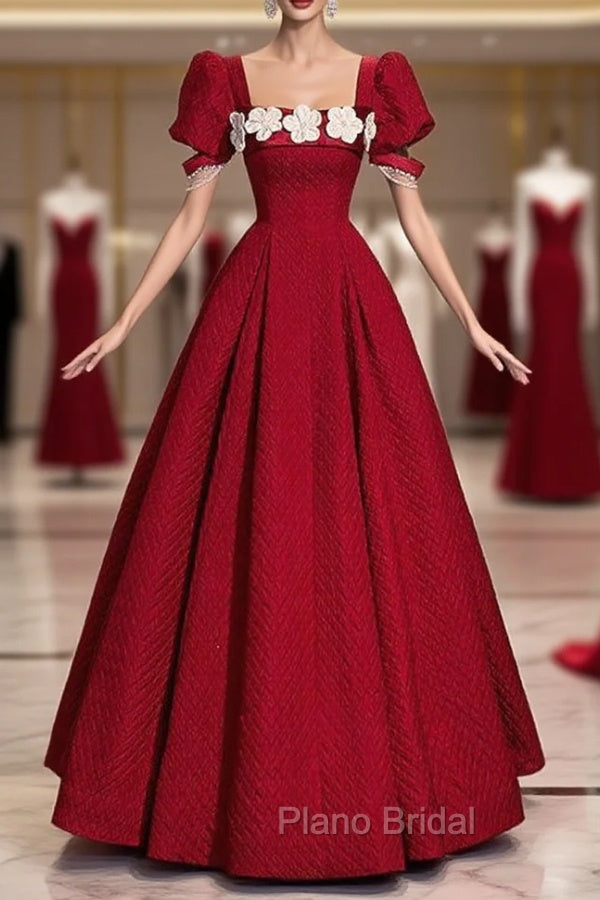 Burgundy Puff Sleeve Flower Formal Prom Dresses