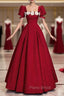Burgundy Puff Sleeve Flower Formal Prom Dresses