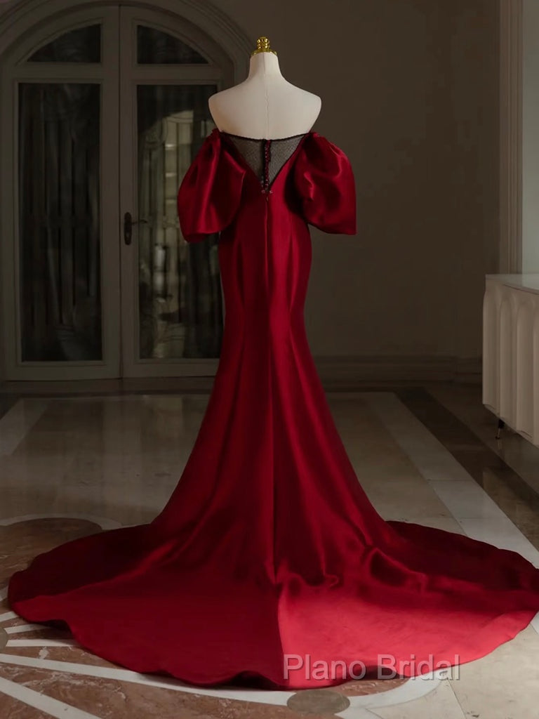 Burgundy Puff Sleeves Satin Burgundy Long Formal Prom Dresses, Burgundy Long Formal Dresses Secondary image