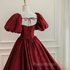 Burgundy Puffy Sleeves Taffeta Long Formal Prom Dresses, Floor Length Sweetheart Party Dresses