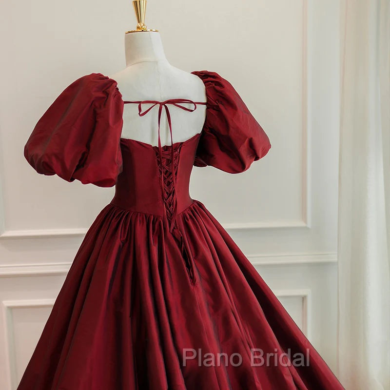 Burgundy Puffy Sleeves Taffeta Long Formal Prom Dresses, Floor Length Sweetheart Party Dresses