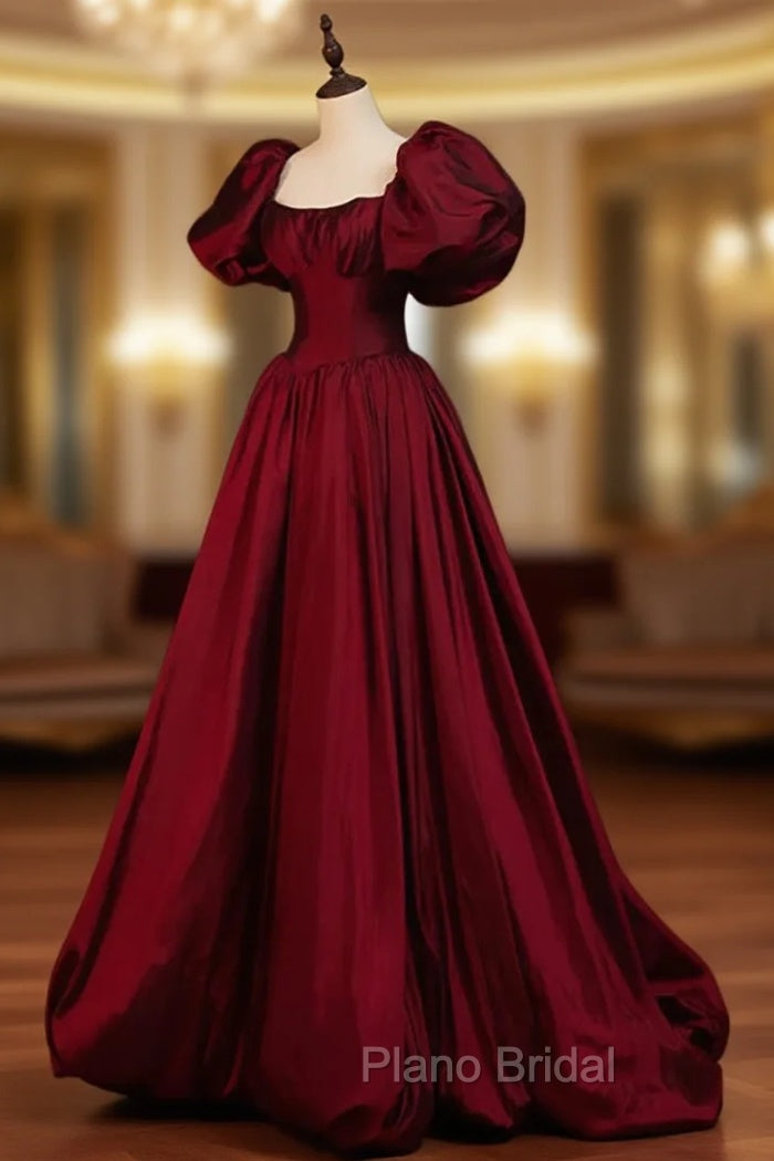 Burgundy Puffy Sleeves Taffeta Long Formal Prom Dresses, Floor Length Sweetheart Party Dresses Main image