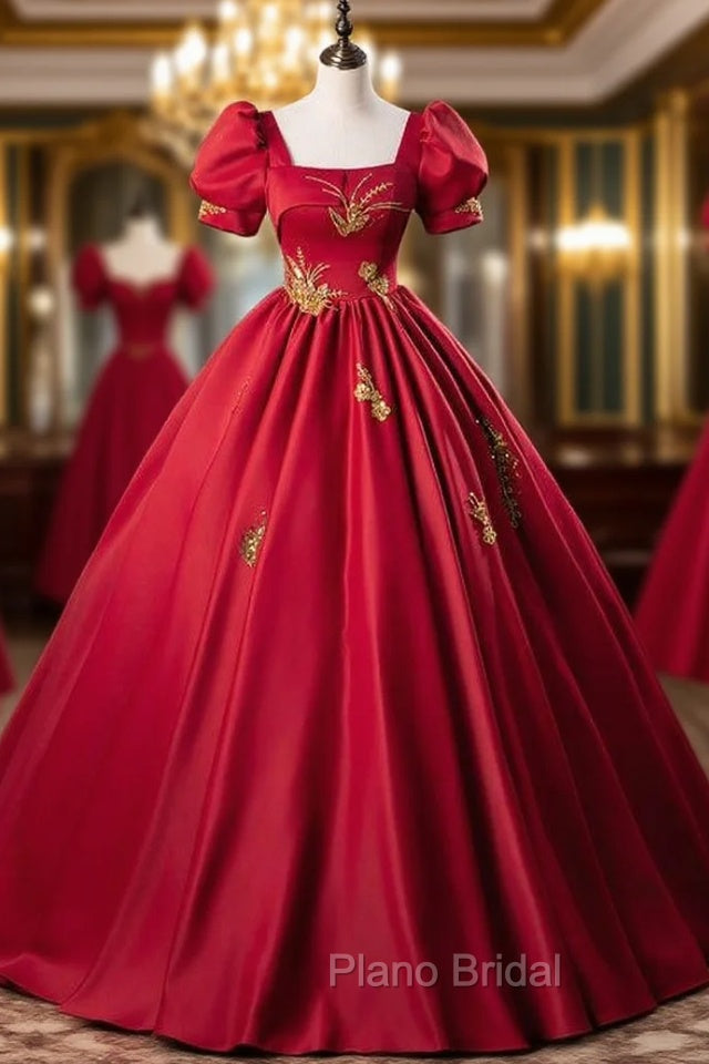 Burgundy Red Satin Short Sleeve Square Appliques Quinceanera Dresses Main image