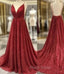 Burgundy Robe De Soiree A-Line V-Neck Sequins Sparkle Crystals Backless Sexy Long Formal Prom Dresses Formal Prom Gown Evening Dresses