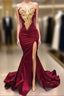 Burgundy Robe De Soiree Mermaid Sweetheart Appliques Beaded Slit Sexy Long Formal Prom Dresses Formal Prom Gown Formal Dresses