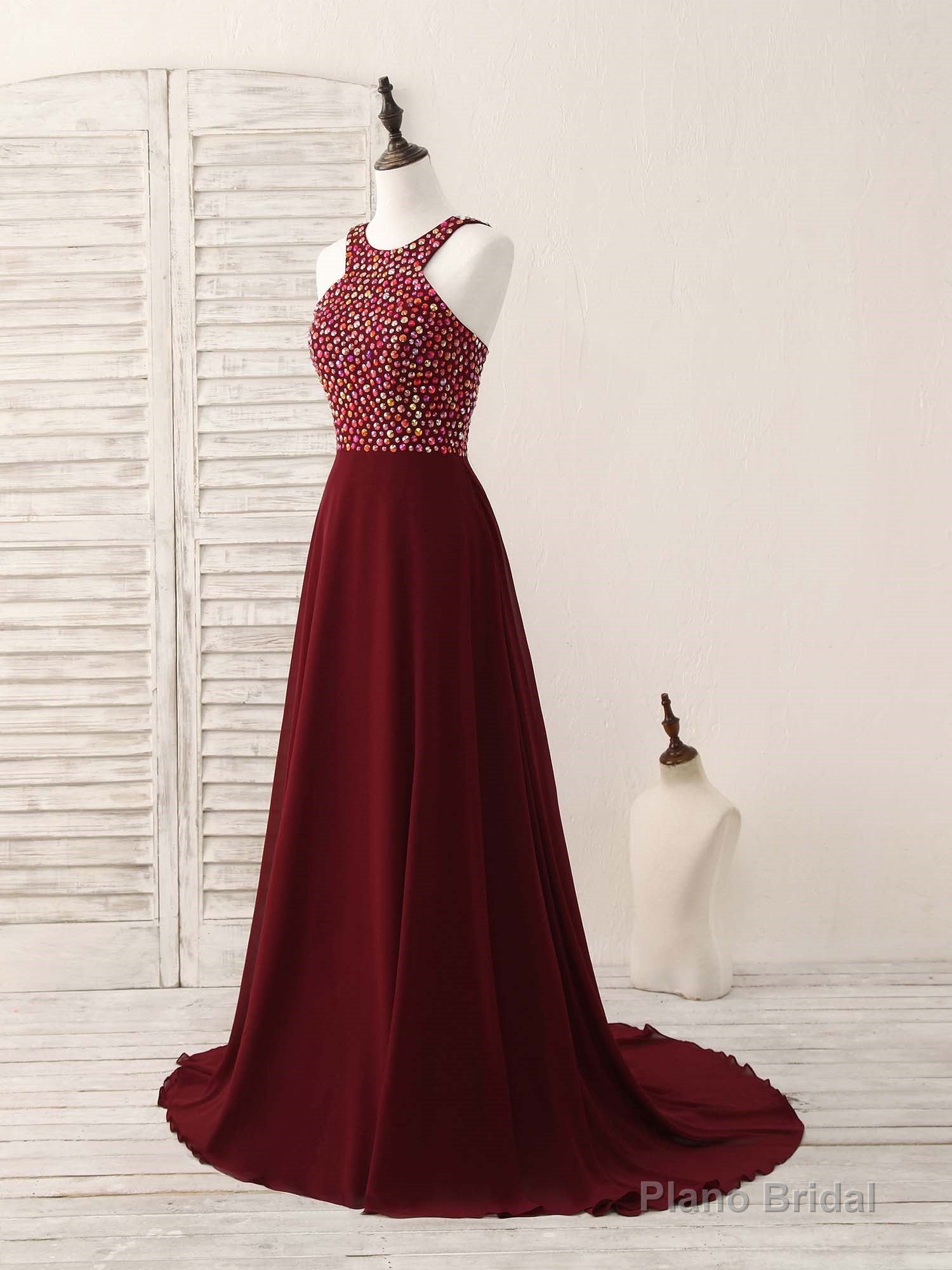 Burgundy Round Neck Chiffon Beads Long Prom Dress Secondary image
