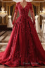 Burgundy round neck lace long Formal Prom dress burgundy evening dress