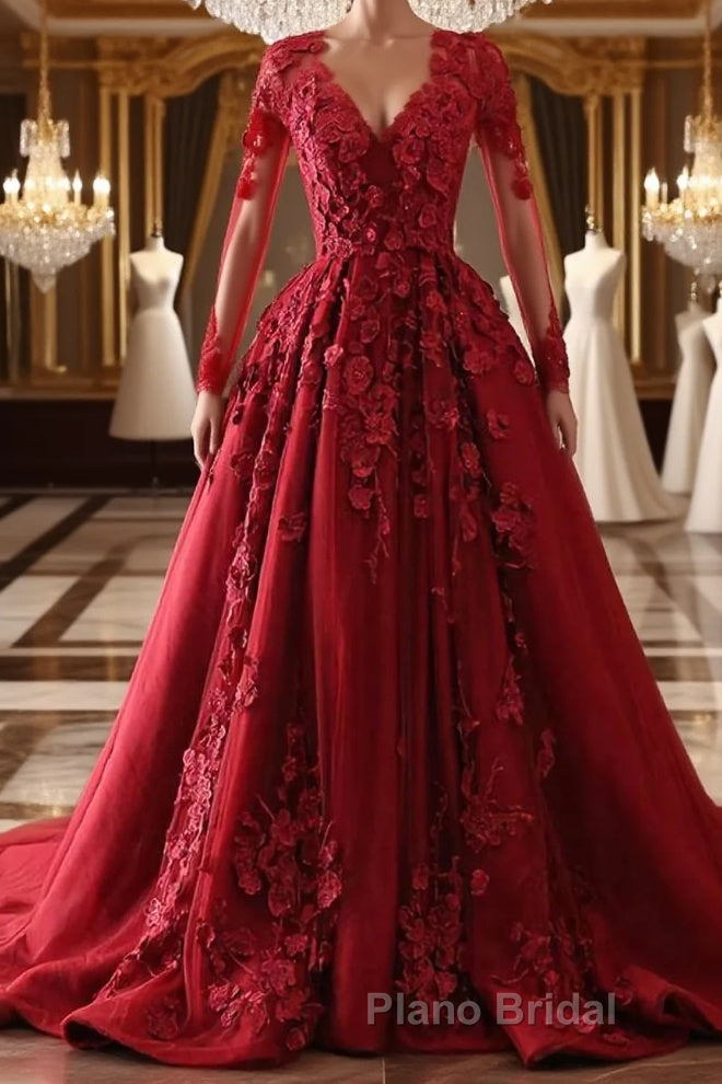 Burgundy round neck lace long Formal Prom dress burgundy evening dress Main image