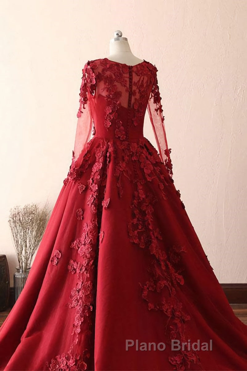 Burgundy round neck lace long Formal Prom dress burgundy evening dress