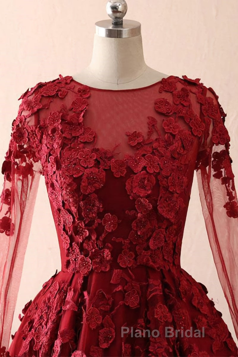 Burgundy round neck lace long Formal Prom dress burgundy evening dress