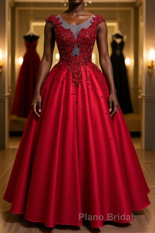 Burgundy round neck lace satin long Formal Prom dress burgundy evening dress Main image