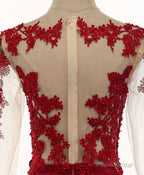 Burgundy Round Neck Lace Satin Mermaid Long Prom Dress Lace Formal Dress