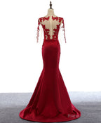 Burgundy Round Neck Lace Satin Mermaid Long Prom Dress Lace Formal Dress