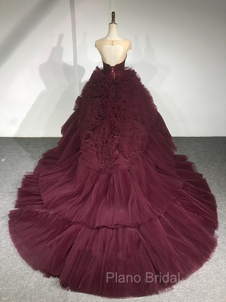 Burgundy Round Neck Tulle Burgundy Long Formal Prom Gown, Burgundy Long Evening Dresses Secondary image
