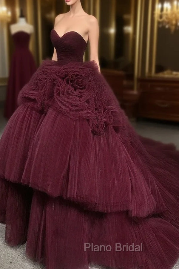 Burgundy Round Neck Tulle Burgundy Long Formal Prom Gown, Burgundy Long Evening Dresses Main image