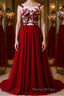 Burgundy round neck tulle lace long Formal Prom dress, bridesmaid dress