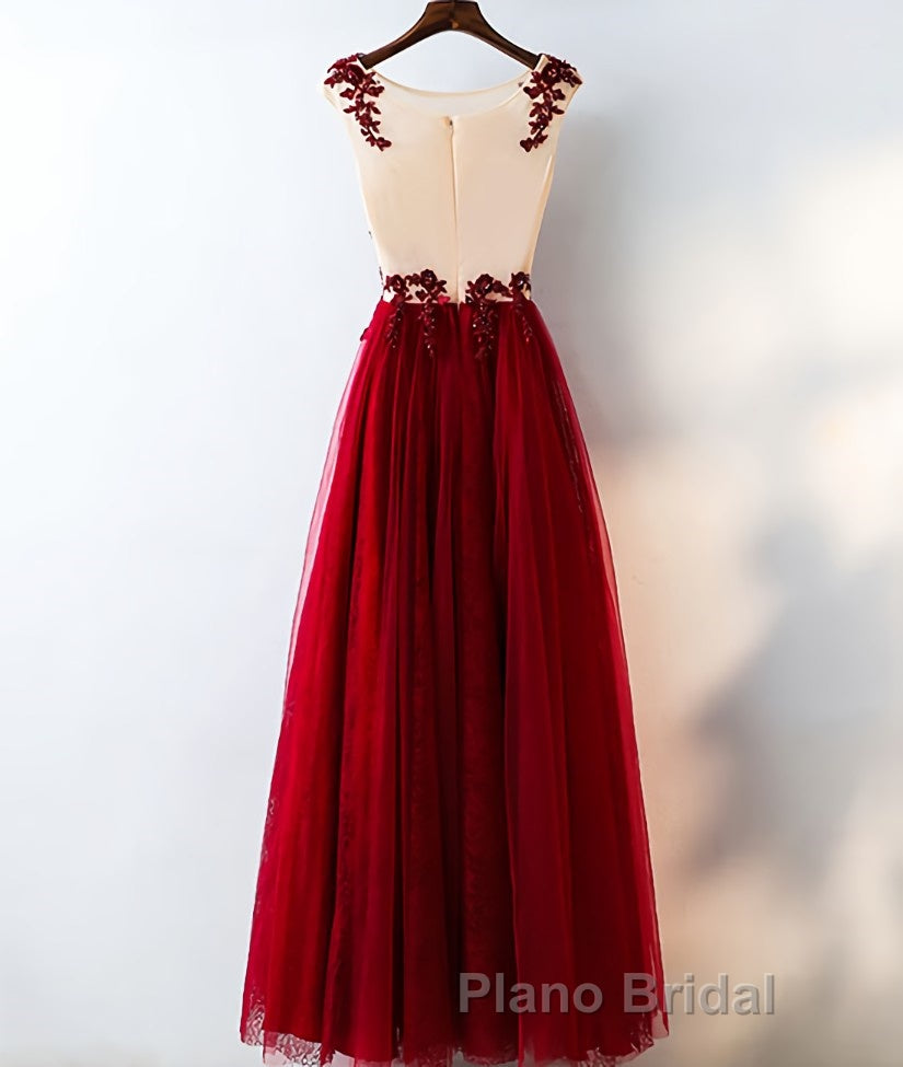 Burgundy round neck tulle lace long Formal Prom dress, bridesmaid dress Secondary image