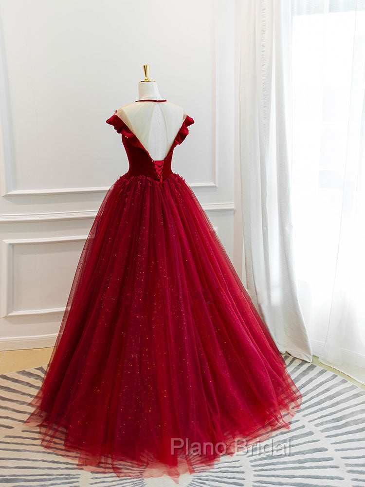 Burgundy Round Neck Tulle Lace Long Formal Prom Dresses, Burgundy Evening Dresses Secondary image