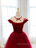Burgundy Round Neck Tulle Lace Long Formal Prom Dresses, Burgundy Evening Dresses