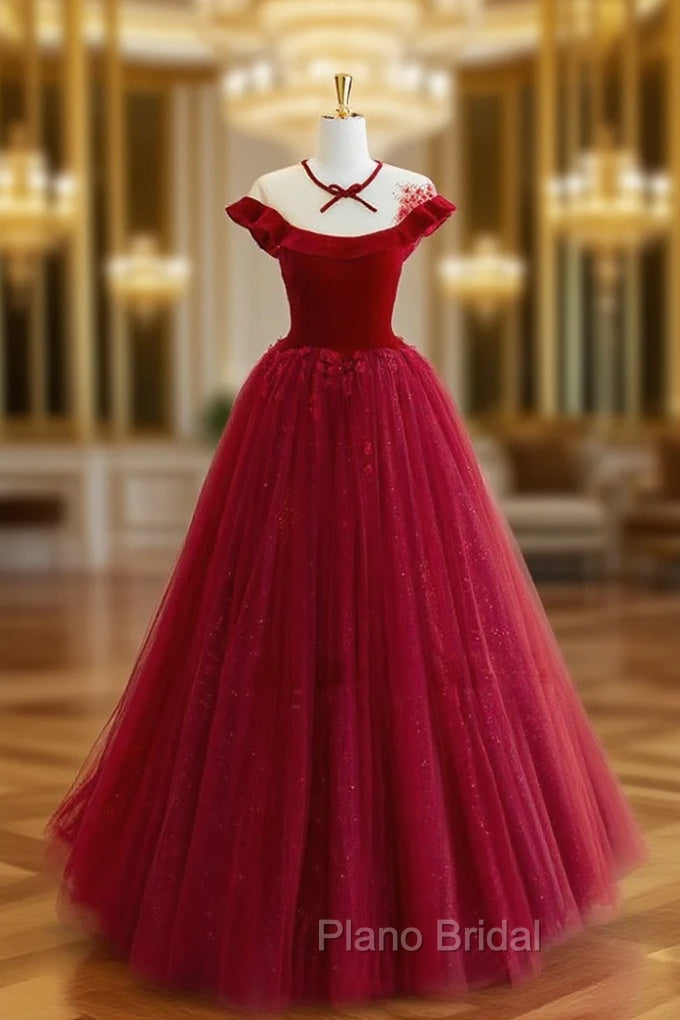 Burgundy Round Neck Tulle Lace Long Formal Prom Dresses, Burgundy Evening Dresses Main image