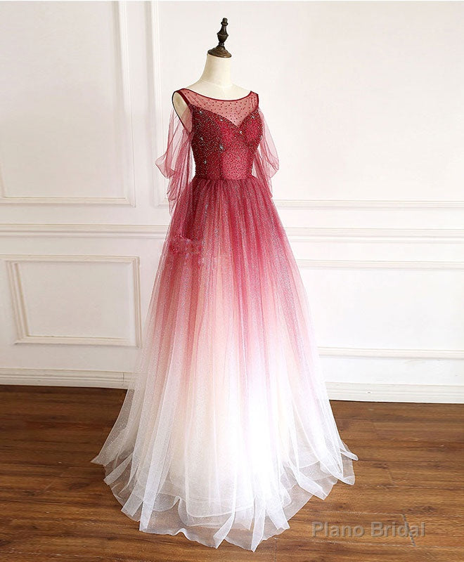 Burgundy Round Neck Tulle Long Prom Dress Burgundy Evening Dress Main image