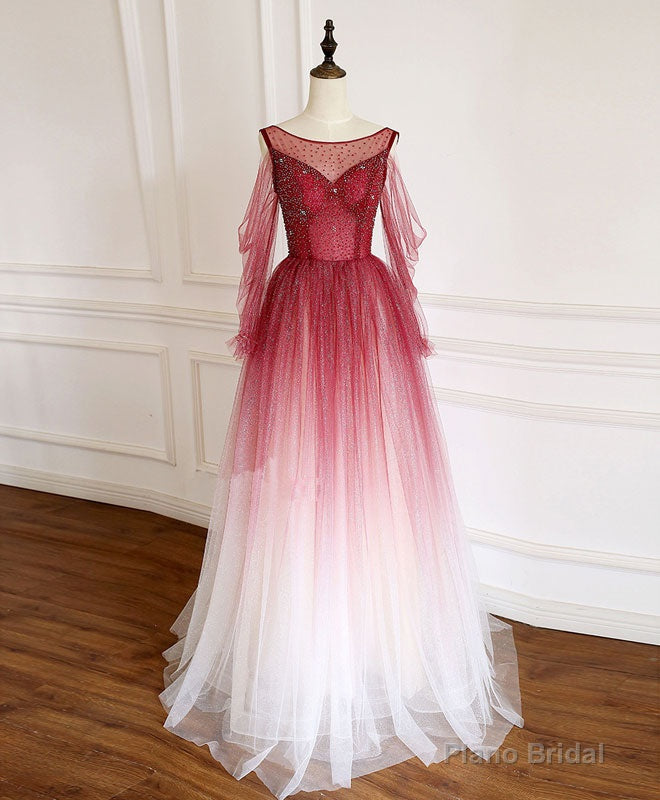 Burgundy Round Neck Tulle Long Prom Dress Burgundy Evening Dress Secondary image