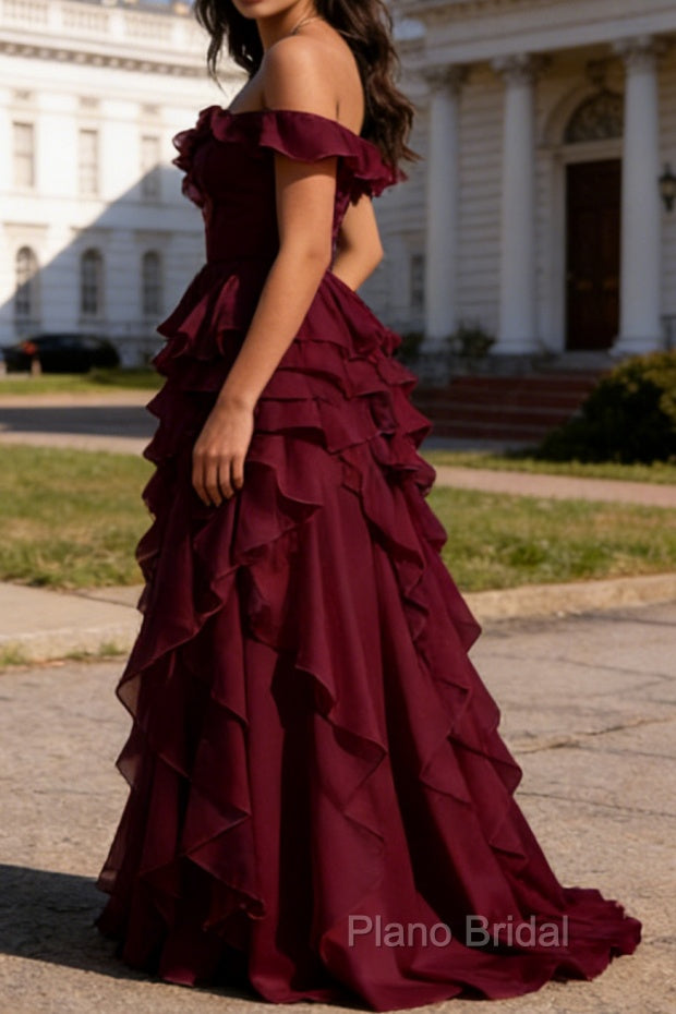 Burgundy Ruffled A-Line Square Neck Long Prom Dress Secondary image