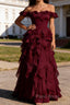Burgundy Ruffled A-Line Square Neck Long Prom Dress