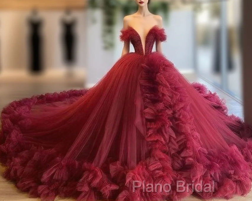 Burgundy Ruffles Wedding Dresses Tulle Skirt Ball Gown Sexy Plunge V-Neck Bridal Wedding Formal Prom Gowns