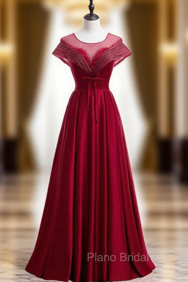 Burgundy Satin Backless Cap Sleeve Beading Pleats Formal Prom Dresses Main image