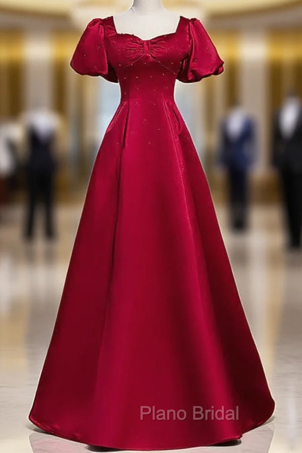 Burgundy Satin Backless Puff Sleeve Beading Formal Prom Dresses Main image