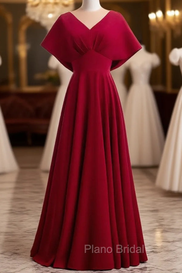 Burgundy Satin Bat Sleeve V-neck Formal Prom Dresses