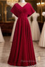 Burgundy Satin Bat Sleeve V-neck Formal Prom Dresses