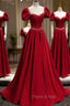 Burgundy Satin Beads Long Formal Prom Dresses, Burgundy Long Formal Dresses