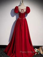 Burgundy Satin Beads Long Formal Prom Dresses, Burgundy Long Formal Dresses