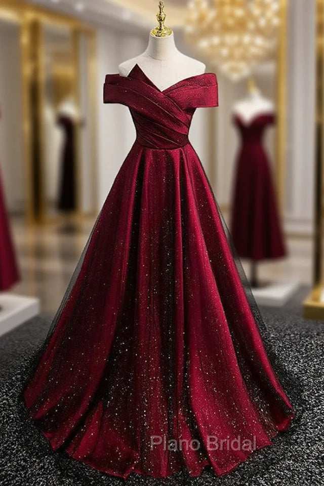 Burgundy Satin Black Tulle Off the Shoulder Pleats Formal Prom Dresses Main image