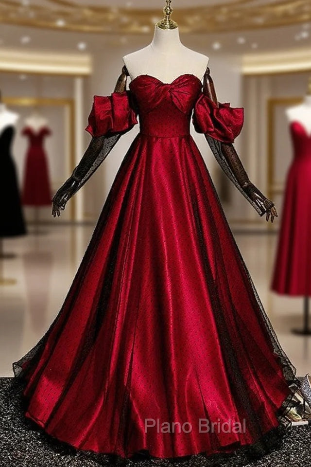 Burgundy Satin Black Tulle Sweetheart Formal Prom Dresses Main image