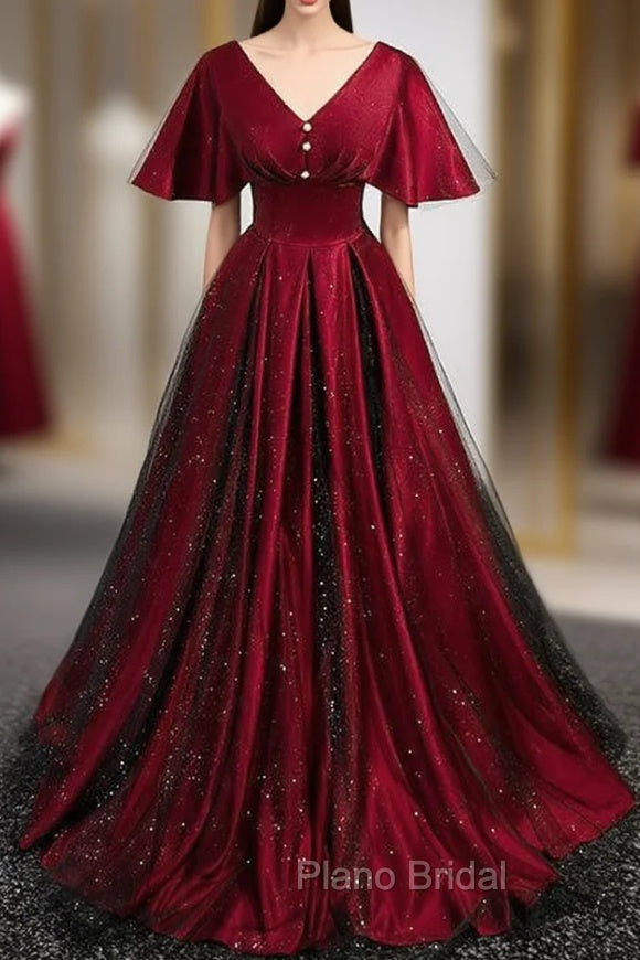 Burgundy Satin Black Tulle V-neck Formal Prom Dresses
