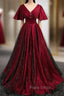 Burgundy Satin Black Tulle V-neck Formal Prom Dresses