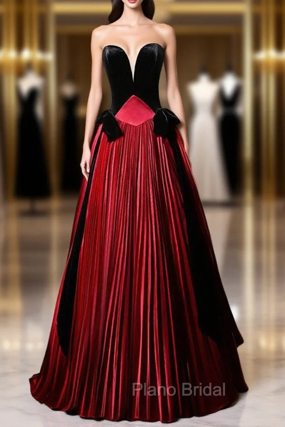 Burgundy Satin Black Velvet Strapless Formal Prom Dresses